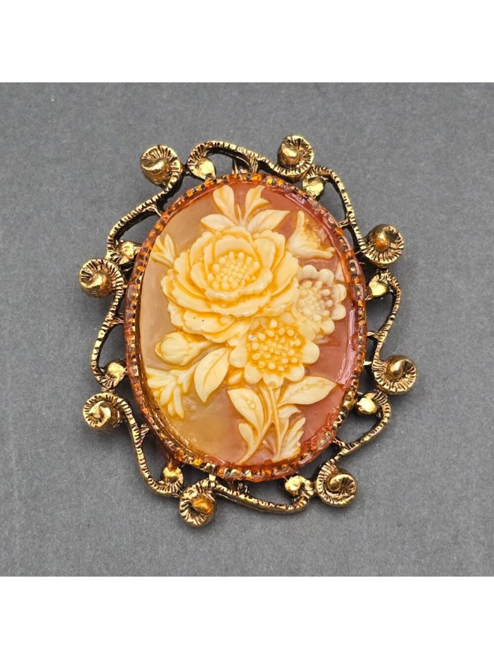 Vintage Floral Cameo Brooch 2.25" Gold Tone Twisted Filigree Statement Piece